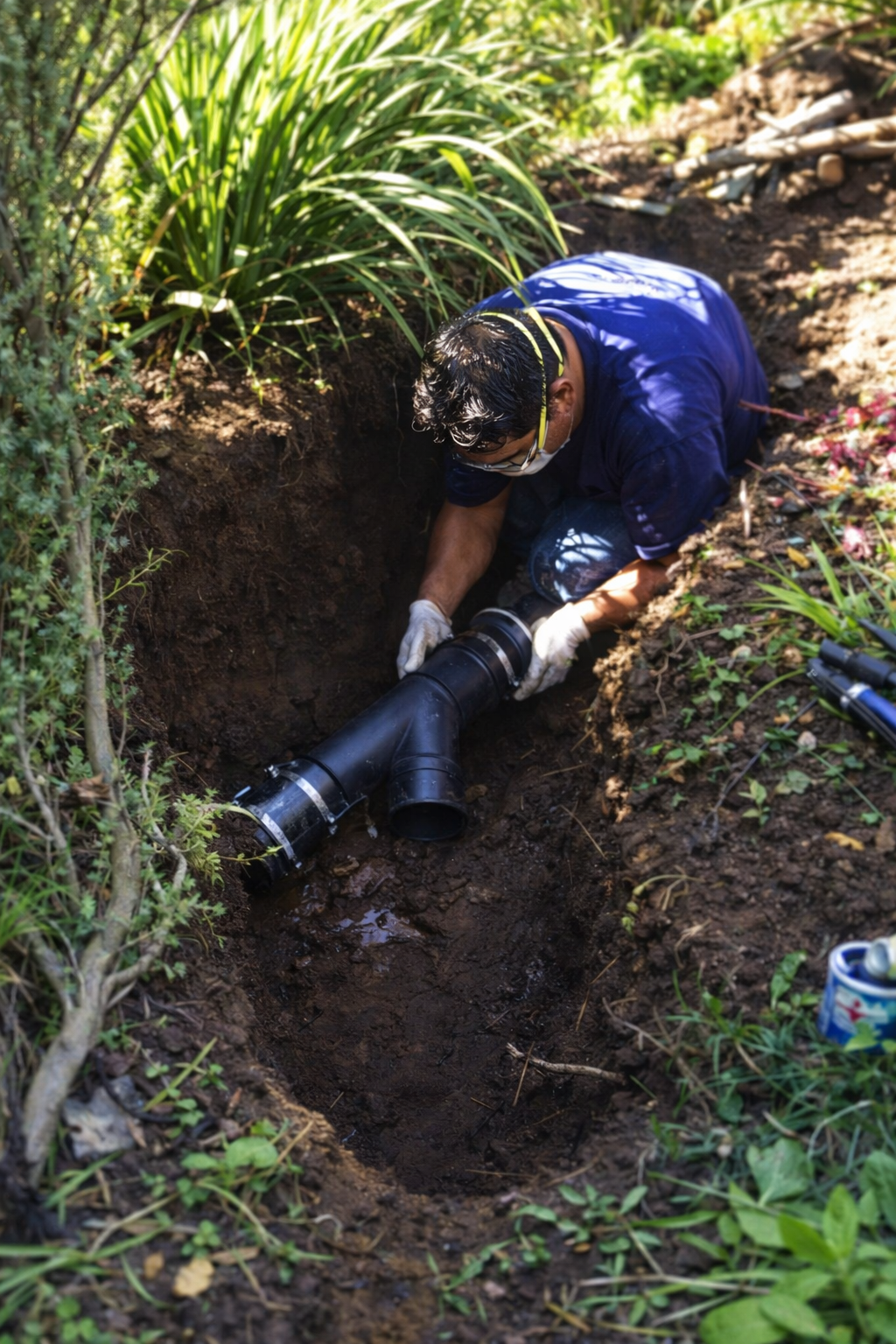 Sewer line repair in garden area